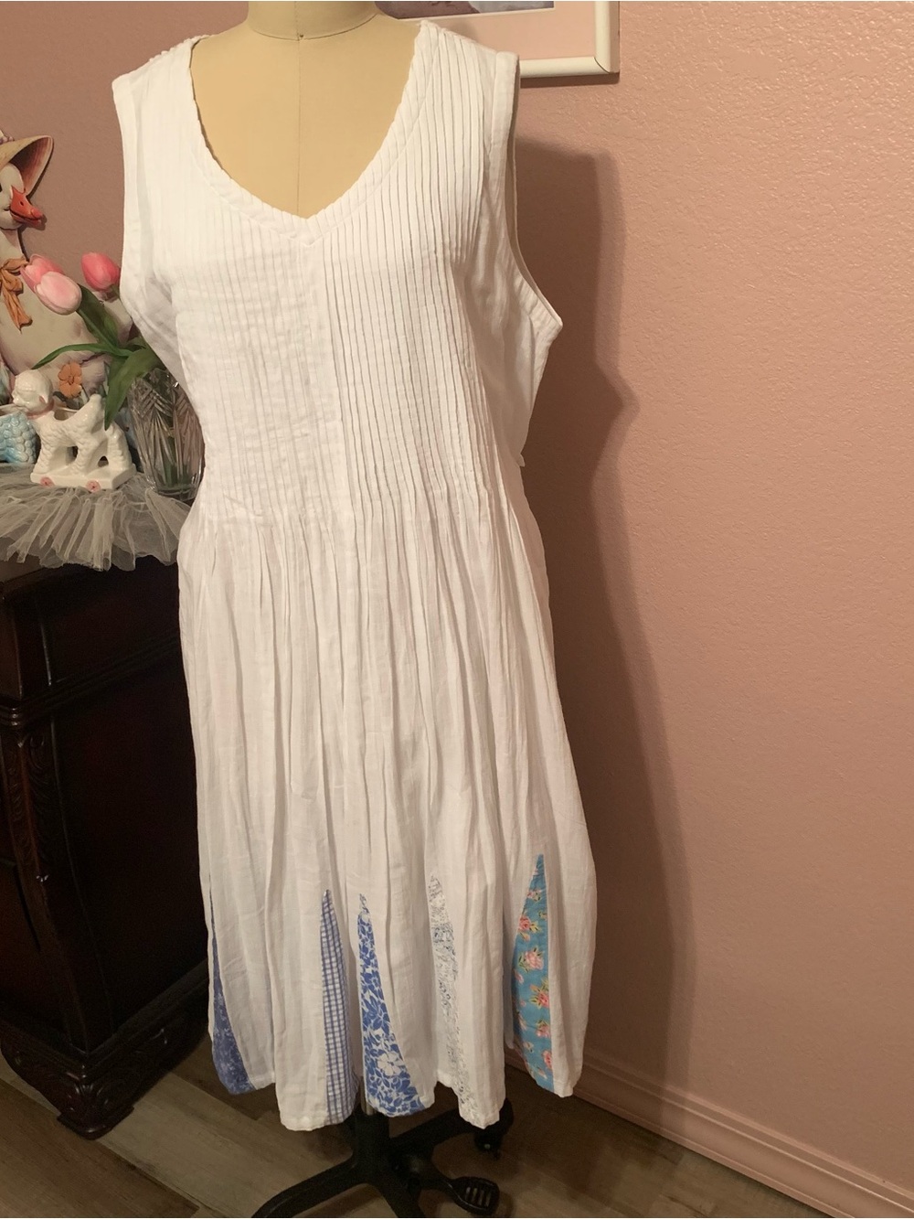 APRIL CORNELL White Sleeveless V-Neck Cotton Midi Dress with Blue Patch Panels